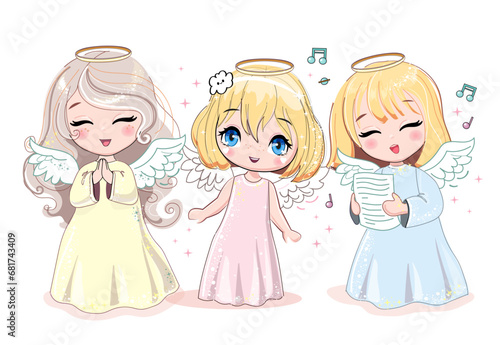 Beautiful little angels sing a song on a white background. Cartoon christmas card