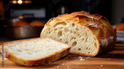 The crust of freshly baked bread is golden and crispy, while the inside is soft and fluffy