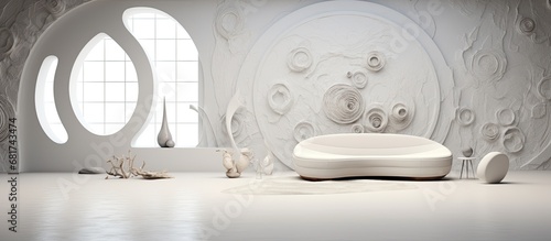 The abstract texture of the design, with its 3D construction and clever use of light, transforms the once plain white interior into a captivating space. The walls, adorned with circular elements, add