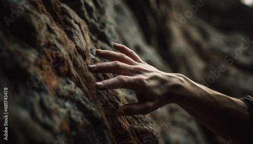 Hand holding rock, reaching for success in extreme mountain climbing generated by AI