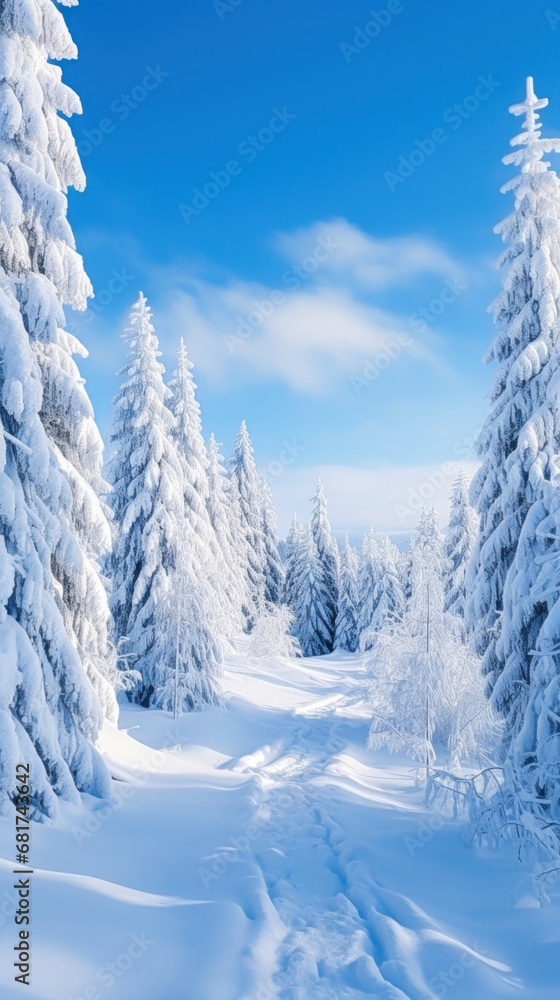 Fototapeta premium panoramic view of a snowy landscape with snow-covered trees and a bright blue sky,