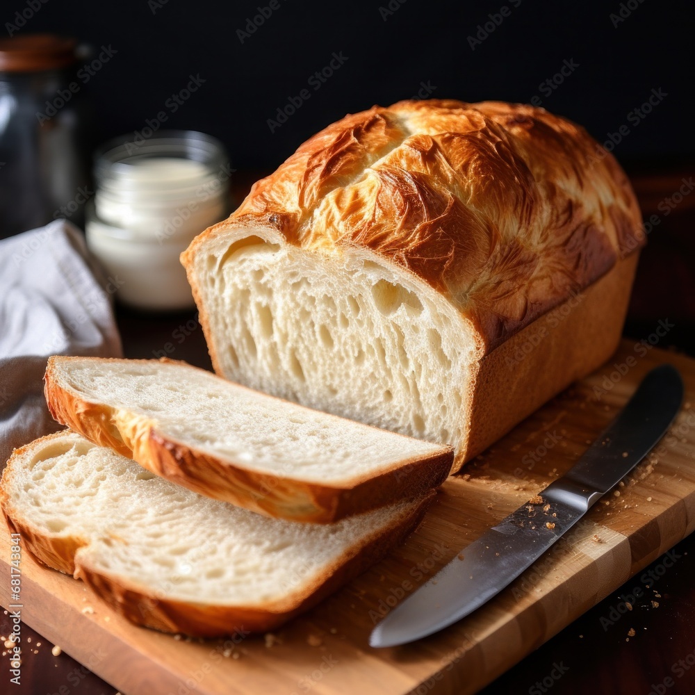 The crust of freshly baked bread is golden and crispy, while the inside is soft and fluffy