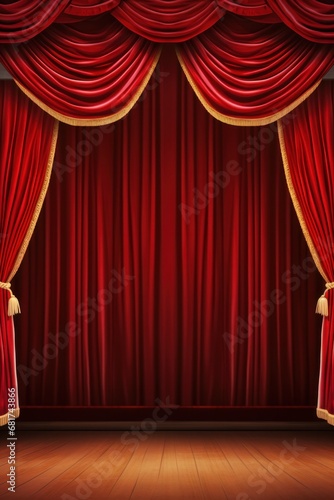 A classic theater stage with red velvet curtains and customizable copy text