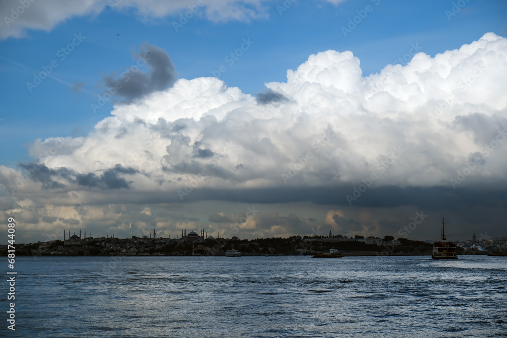 Istanbul with wonderful clouds and sea landscape, view from Kadikoy. 