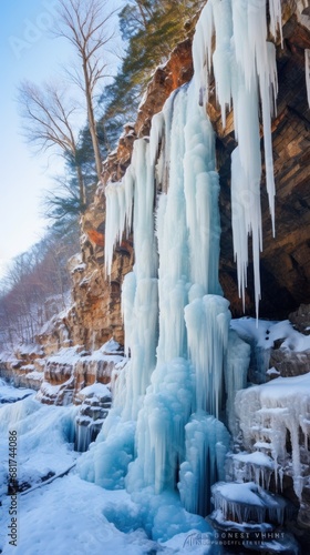 frozen waterfalls and icicles hanging from the cliffs