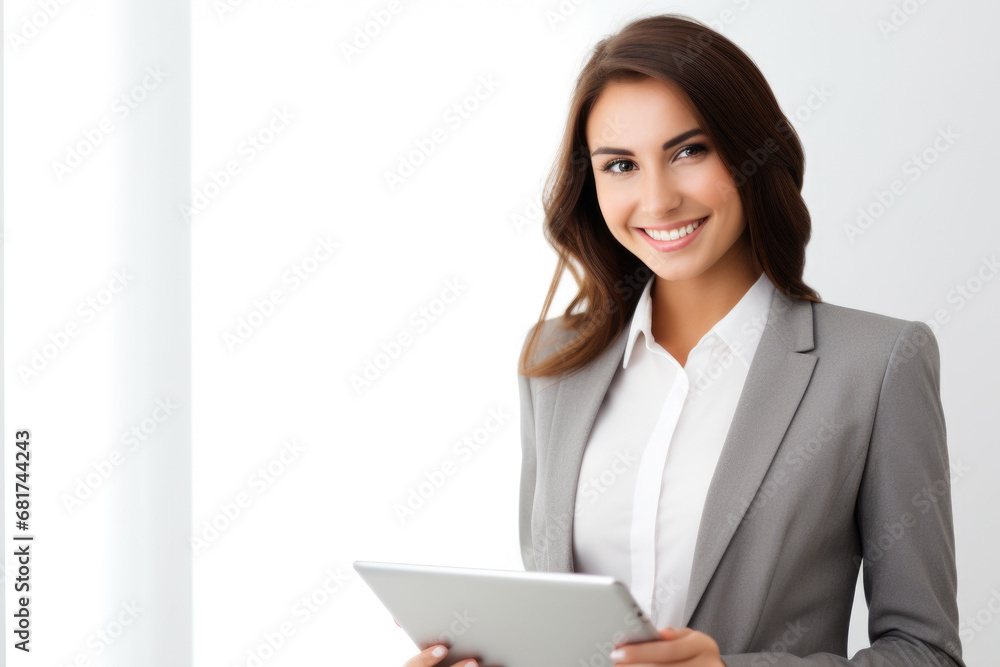 Professional woman dressed in business suit holding tablet. This image can be used to represent technology, business, communication, or workplace concepts Professional woman dressed in business suit holding tablet. This image can be used to represent technology, business, communication, or workplace concepts