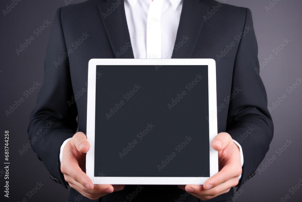Man in suit holding tablet computer. This versatile image can be used to depict professionals, technology, business meetings, or digital communication Man in suit holding tablet computer. This versatile image can be used to depict professionals, technology, business meetings, or digital communication