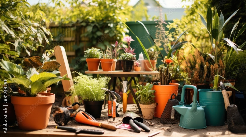 group of garden tools lying on a table surrounded by pots and plants