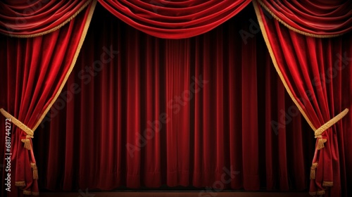 A classic theater stage with red velvet curtains and customizable copy text