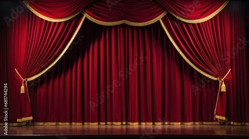 A classic theater stage with red velvet curtains and customizable copy text