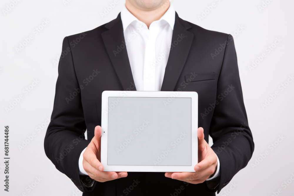 Professional man dressed in suit holding tablet computer. This image can be used to represent technology, business, or communication Professional man dressed in suit holding tablet computer. This image can be used to represent technology, business, or communication
