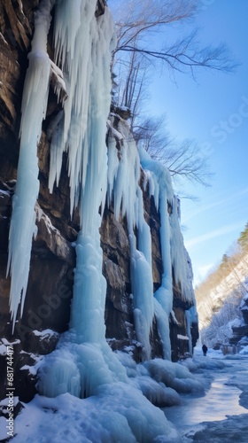 frozen waterfalls and icicles hanging from the cliffs © olegganko