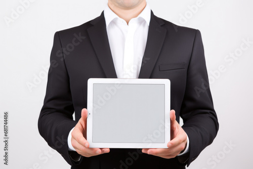 Professional man dressed in suit holding tablet computer. This image can be used to represent technology, business, or communication