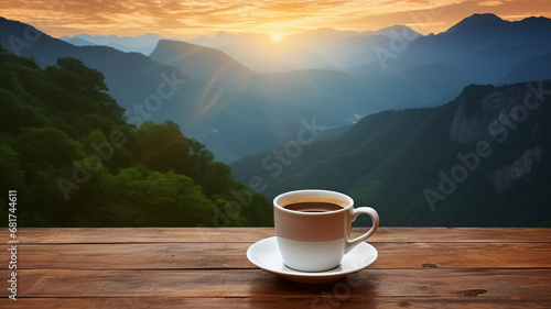 Coffee cup on wood table and view of beautiful nature background. AI Generative.