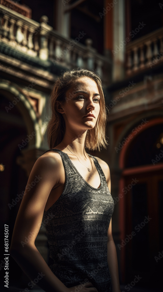 Fototapeta premium Young woman in a tank top standing in front of an ornate building.