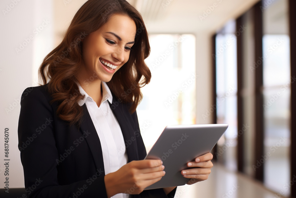 Fototapeta premium Professional woman in business suit confidently holds tablet computer. This image can be used to represent technology in business, modern communication, or digital workplace