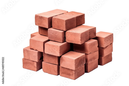 Pile of red bricks isolated on transparent background. Stacked red bricks for building house photo