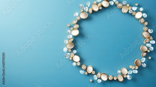 Broken easter egg shell and pearls encompassed with clear yellow circular frame against blue background