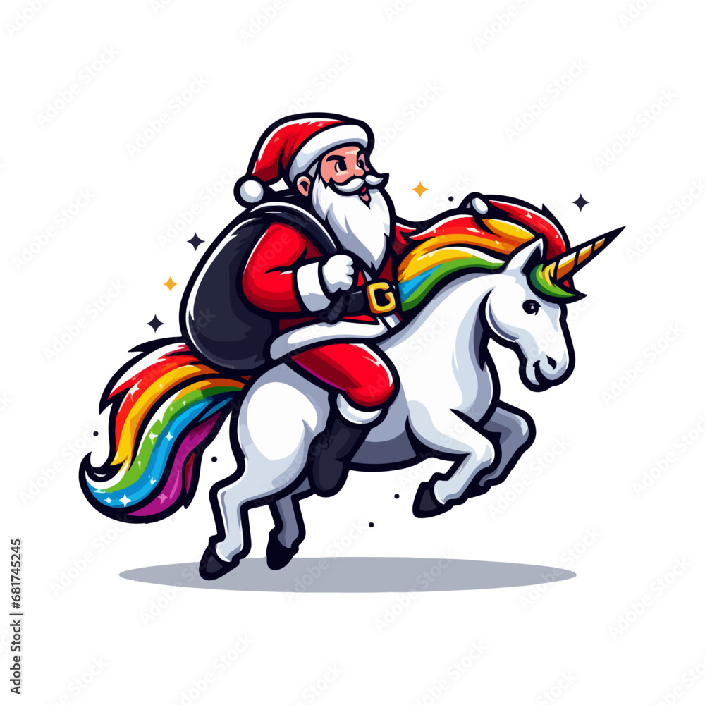 Cute hand drawn cartoon santa claus riding unicorn logo, vector illustration of santa claus with sack of gifts riding on unicorn, Cute Santa unicorn Logo
Cute hand drawn cartoon santa claus riding unicorn logo, vector illustration of santa claus with sack of gifts riding on unicorn, Cute Santa unicorn Logo