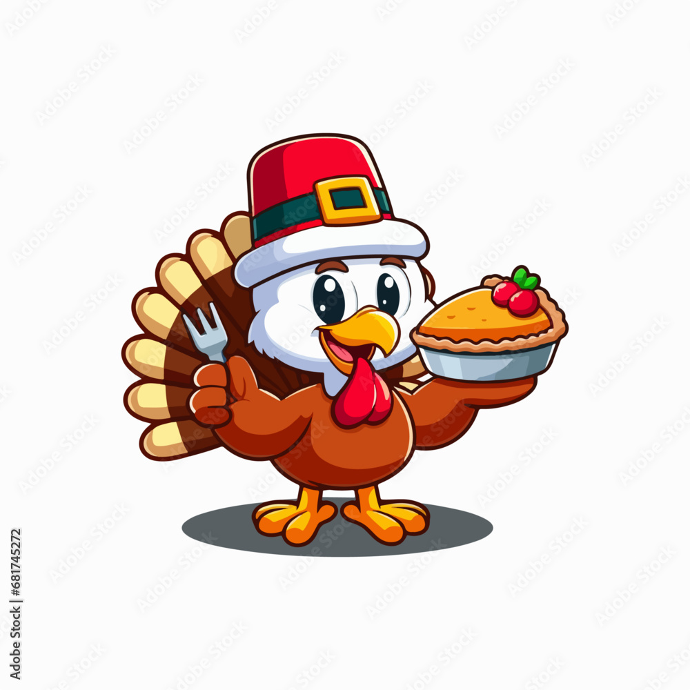 Naklejka premium Cute hand drawn illustration of cartoon Thanksgiving turkey in a pilgrim hat with pumpkins, thanksgiving turkey with pumpkin 
