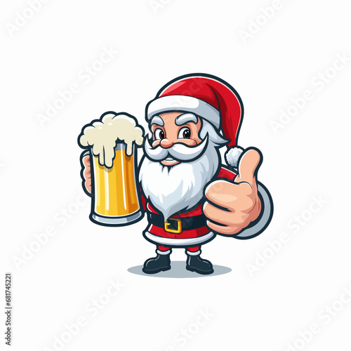 Cute Cartoon Vector illustration of happy smiling santa claus giving thumbsup while drinking beer, cartoon Santa Claus logo, santa claus giving thumbsup vector	
