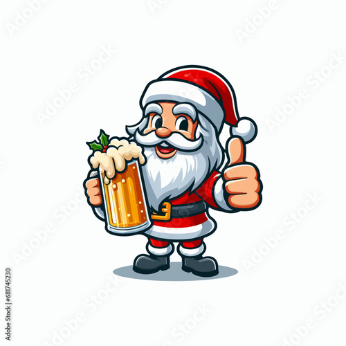 Cute Cartoon Vector illustration of happy smiling santa claus giving thumbsup while drinking beer, cartoon Santa Claus logo, santa claus giving thumbsup vector	
