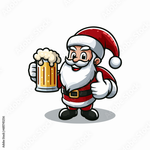 Cute Cartoon Vector illustration of happy smiling santa claus giving thumbsup while drinking beer, cartoon Santa Claus logo, santa claus giving thumbsup vector	
