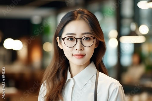 Woman wearing glasses and white shirt. Perfect for professional and casual settings