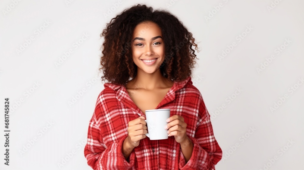 Image of pleased smiling woman looking at the camera wearing plaid pajamas while drinking morning coffee isolated on white background. Image of pleased smiling woman looking at the camera wearing plaid pajamas while drinking morning coffee isolated on white background.