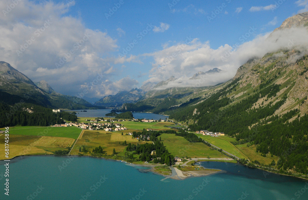 Airshot from the mountain glacier lakes of the Upper Engadin at Silvaplana and Sils