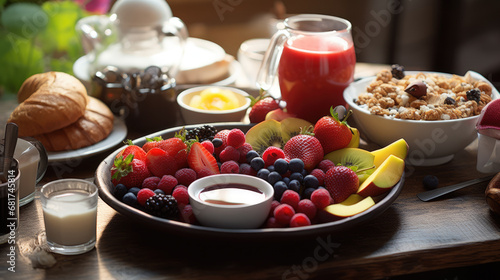 Breakfast spread featuring croissants, assorted berries, cereal, fresh fruits, milk, and a variety of other healthy options on a wooden table bathed in sunlight.