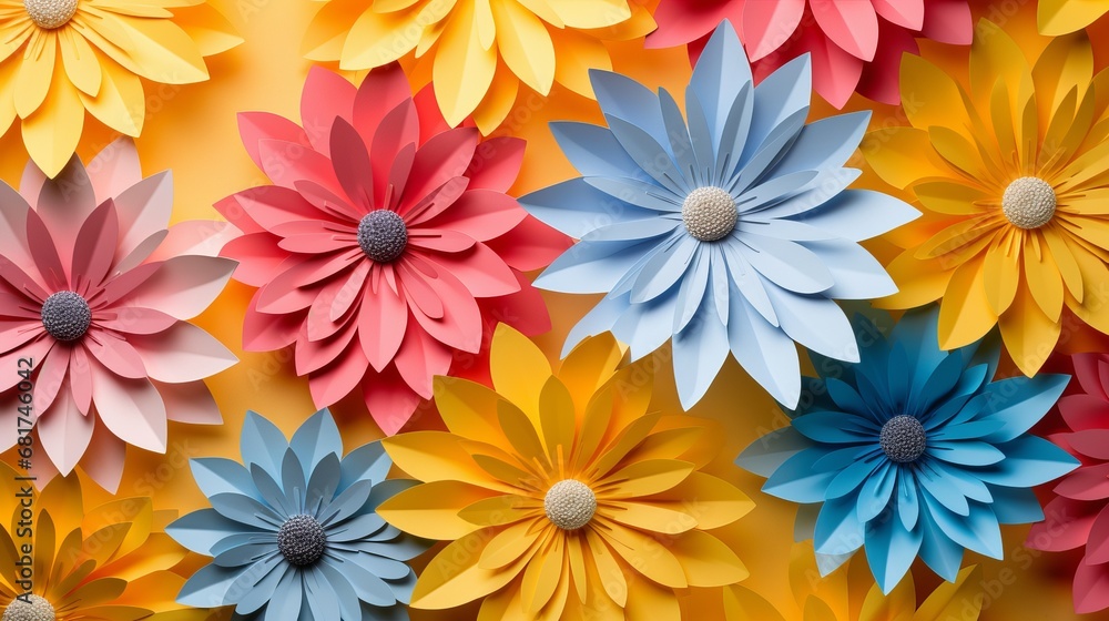 Colorful numerous origami paper blossoms on yellow background - obrazy, fototapety, plakaty 