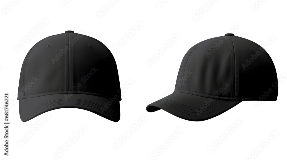 Set of black front and side view hat baseball cap on transparent background cutout, PNG file. Mockup template for artwork graphic design - obrazy, fototapety, plakaty 