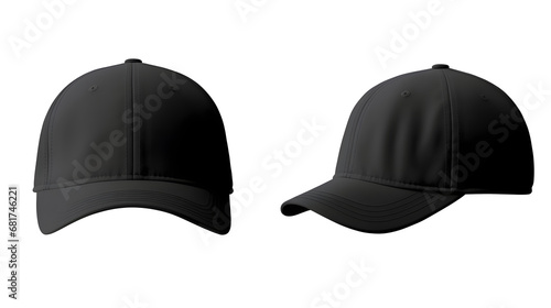 Set of black front and side view hat baseball cap on transparent background cutout, PNG file. Mockup template for artwork graphic design photo