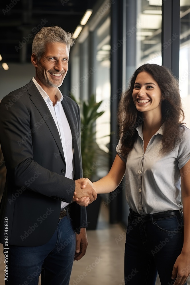 Businessman shaking hands with businesswoman. Business vibe Businessman shaking hands with businesswoman. Business vibe