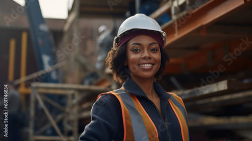 Smiling woman wearing a safety hardhat and reflective orange vest is standing at a construction site with steel structures in the background.