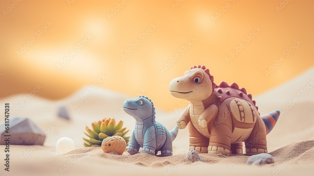 Naklejka premium Amusing toys of dinosaurs on beige space