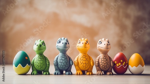Amusing toys of dinosaurs on beige space photo