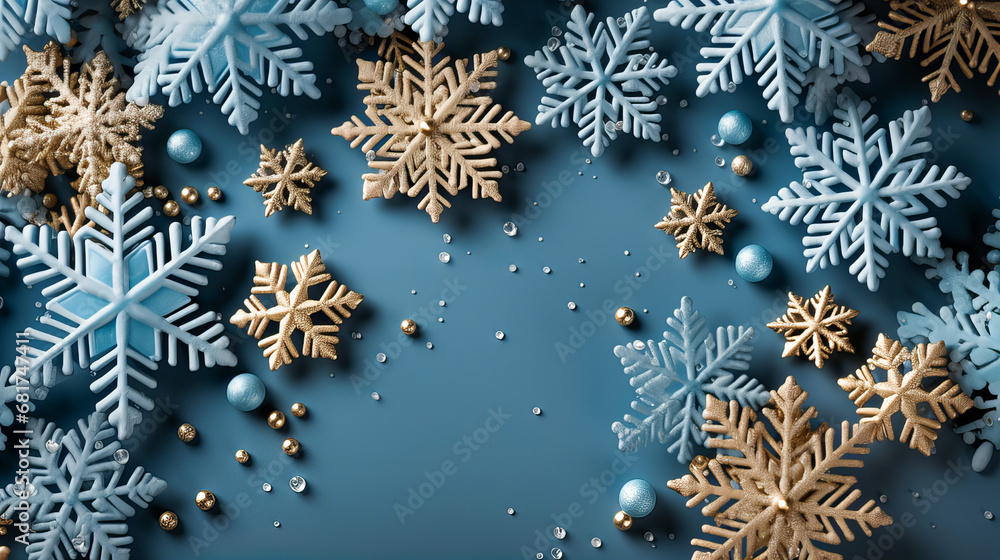 Christmas background with snowflakes and baubles on blue background. Top view. Generative AI technology. Christmas background with snowflakes and baubles on blue background. Top view. Generative AI technology.