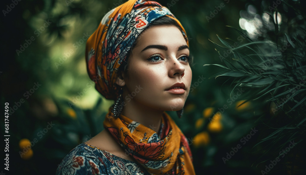 Fototapeta premium Beautiful woman in nature exudes confidence and elegance, smiling brightly generated by AI