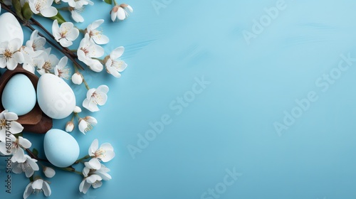 Easter deride up with pastel chocolate eggs on blue background photo