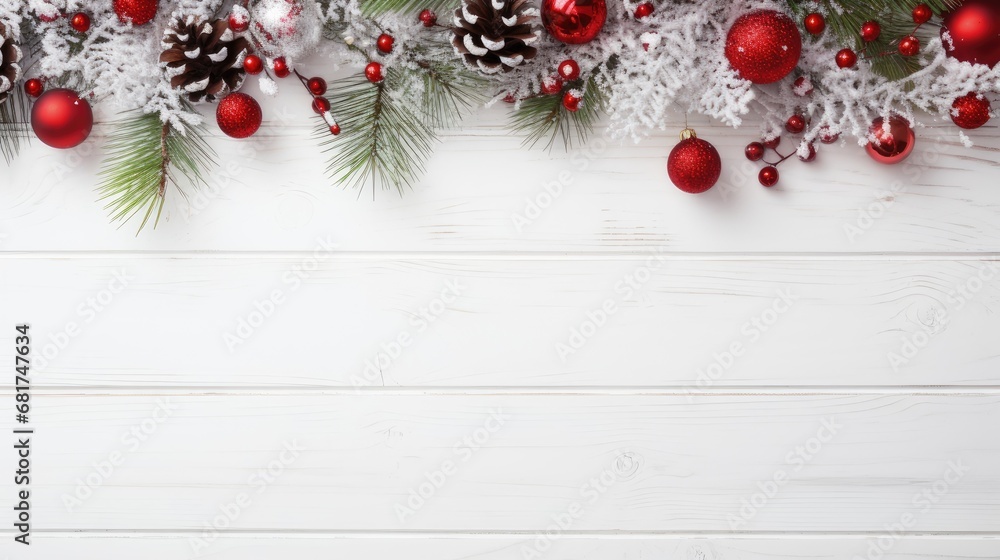 a white wooden surface adorned with lush fir branches and Christmas decorations, ample space for text or invitations to enhance the holiday spirit. a white wooden surface adorned with lush fir branches and Christmas decorations, ample space for text or invitations to enhance the holiday spirit.