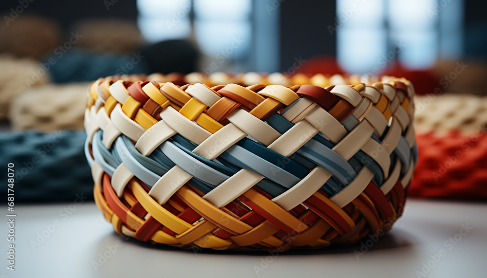 Obraz premium Woven wicker basket, colorful spools, craft decoration on table generated by AI