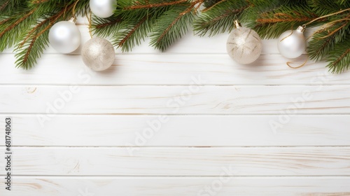 a white wooden surface adorned with lush fir branches and Christmas decorations, ample space for text or invitations to enhance the holiday spirit.