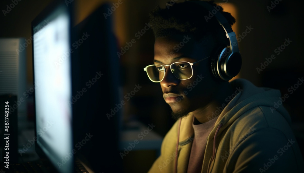 Young adult businessman working late, listening with headphones indoors generated by AI