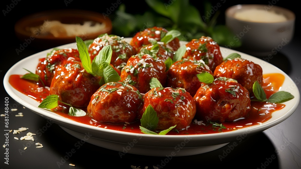 Meatballs with tomato sauce and basil leaves on a black background. Meatballs with tomato sauce and basil leaves on a black background.