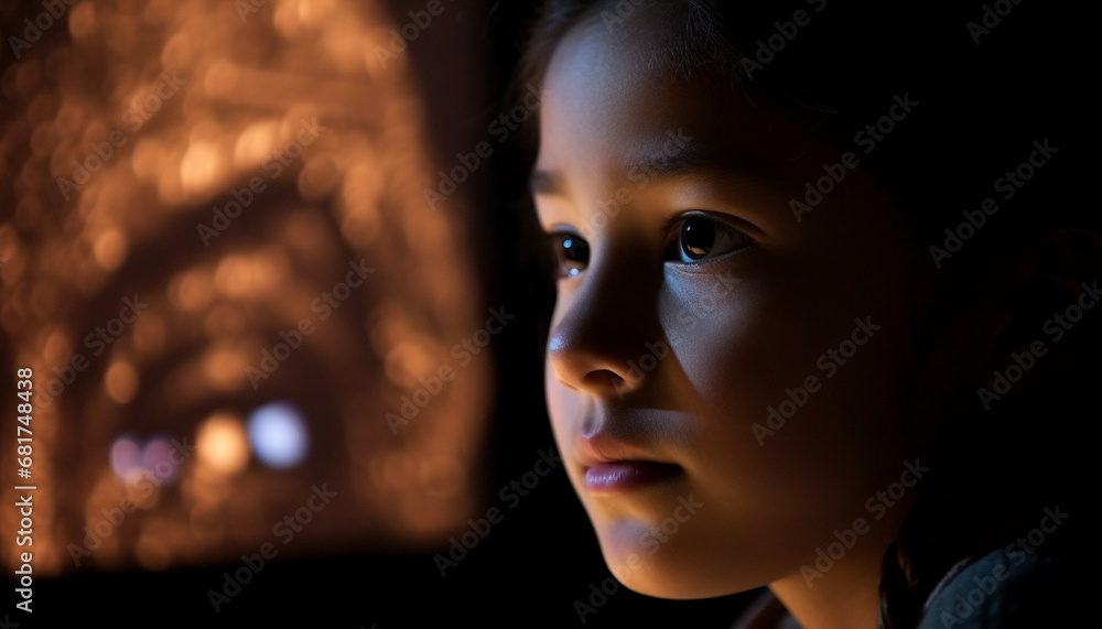 Smiling child looking at camera, illuminated by backlit window generated by AI Smiling child looking at camera, illuminated by backlit window generated by AI