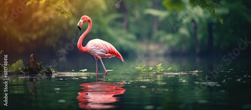 The green lake was teeming with wildlife  where a beautiful flamingo gracefully dipped its beak into the water.