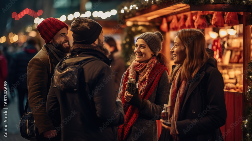 A group of people standing at a Christmas market and drinking wine, Christmas party