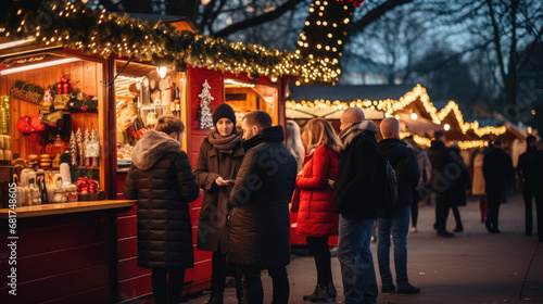 A group of people standing at a Christmas market and drinking wine  Christmas party